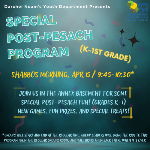 Banner Image for Post-Pesach Program for Grades K-1